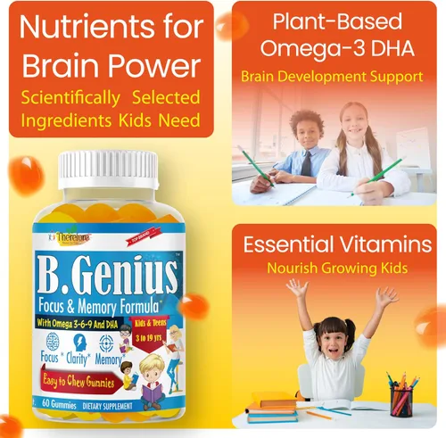 Miniatura 5 de B.Genius - Gomitas Omega 3 6 9 Focus para niños y adolescentes, gomitas Omega sin aceite de pescado para niños, salud cerebral y apoyo cognitivo