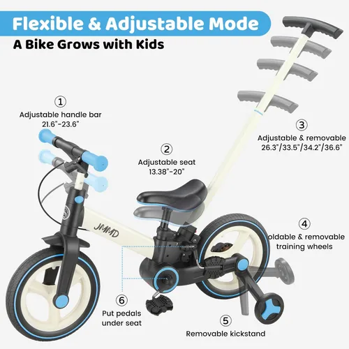 Miniatura 4 de JMMD Bicicleta 6 en 1 para niños de 18 a 60 meses, bicicleta de equilibrio plegable de 12 pulgadas con ruedas de entrenamiento, pedales, frenos, Azul