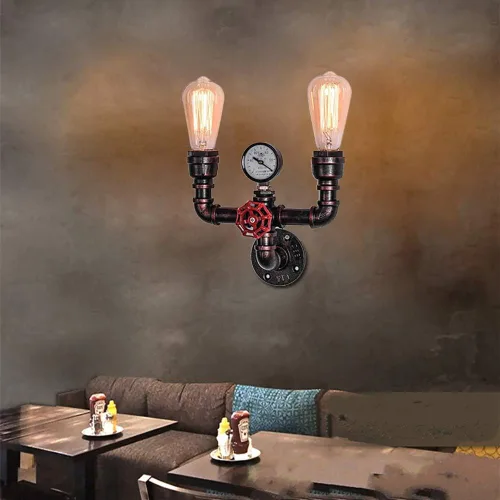 Miniatura 6 de MQ Lámpara de pared de tubería de agua, accesorios Steampunk, 2 luces, montaje en pared, enchufe E26, lámpara de pared rústica vintage para baño