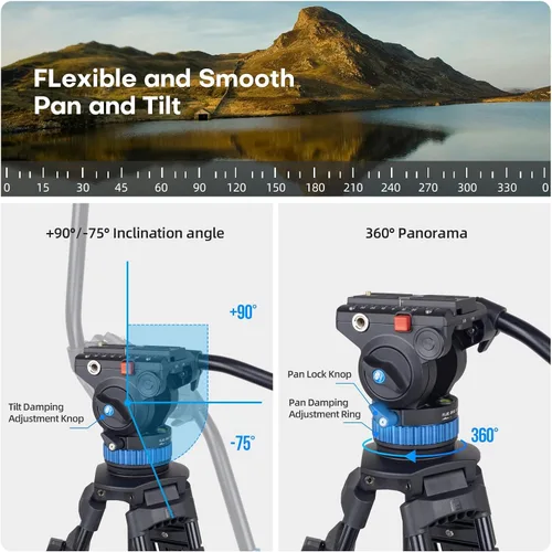 Miniatura 7 de SIRUI AM-25S Trípode de Video, 74.8" Trípode Profesional de Servicio Pesado con Cabezal Fluido de Amortiguación Ajustable para Videocámara, Cámaras