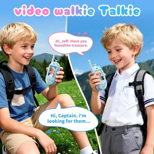 Miniatura 3 de Walkie Talkies de video mejorados para niños, paquete de 2 unidades recargables de voz/videollamadas para niños, juguetes para interiores, Azul/Azul