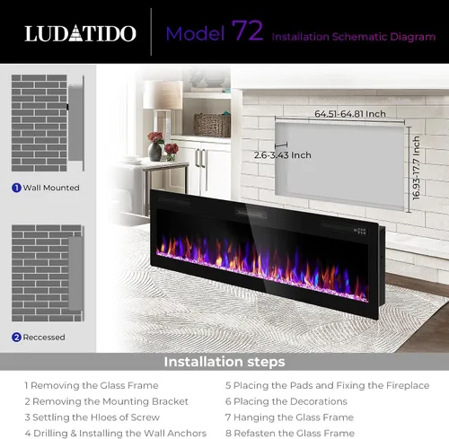 Miniatura 4 de Ludatido Chimenea eléctrica de 72 pulgadas montada en la pared/empotrada, inserto de chimenea eléctrica con 51000BTU para habitación de 410 pies
