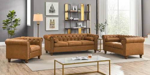 Miniatura 9 de Sofá Air de cuero copetudo para sala de estar, sofá de 3 plazas con brazo enrollado con ribete de cabeza de clavo y 2 almohadas para el cuello, sofá