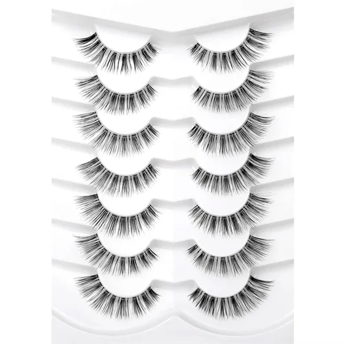 Miniatura 100 de Medias pestañas postizas con banda transparente, finas, estilo ojo de gato, naturales, cortas, pequeñas, acento 3/4, de visón sintético, tiras