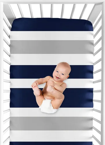 Miniatura 6 de Sábana bajera para cuna para ropa de cama de bebé y niño a rayas azul marino y gris - Estampado a rayas azul (blue and grey stripe)