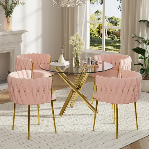Miniatura 24 de Juego de mesa redonda dorada para 4, juego de mesa de comedor de 39'' con tapa de vidrio transparente, juego de mesa de cocina circular moderna de 5