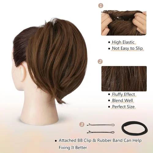Miniatura 2 de BARSDAR Extensiones de Moño de Cabello Liso - Extensiones de Moño de Cabello Sintético Completamente Corto y Liso para Mujeres - Coleteros de Moño