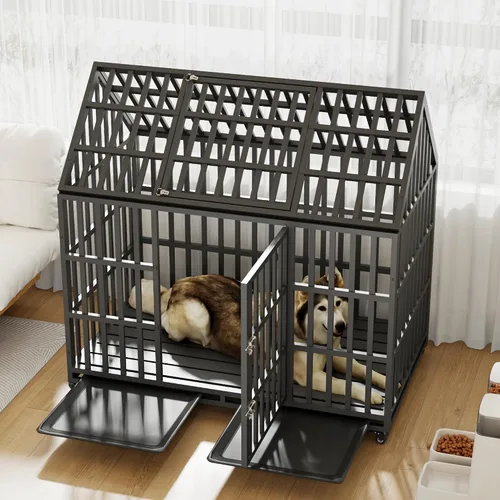 Miniatura 10 de Jaula plegable indestructible para perros con ruedas, jaula de metal resistente a prueba de escapes de 48 pulgadas para perros grandes y medianos