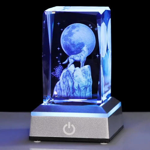 YWHL Regalos de lobo de cristal 3D para hombres y mujeres, figuras de lobo con base de luz para amantes de los animales en cumpleaños Navidad, Lobo