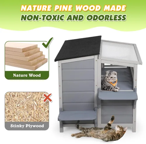 Miniatura 4 de Refugio para gatos de madera cálida de 2 niveles con techo de luz solar, casa para gatos al aire libre, balcón, plataformas de salto, recinto