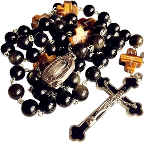 elegantmedical Hecho a mano católico negro 0.394 in oro obsidiana cuentas Lourdes medalla de agua rosario cruz collar caja para hombre mujer regalo,