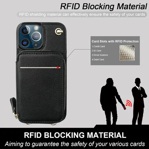 Miniatura 3 de Bocasal Funda tipo cartera cruzada para iPhone 13 Pro, funda de piel con bloqueo RFID y soporte para tarjetas, funda protectora con cremallera