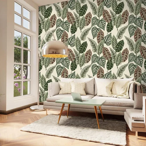 Miniatura 5 de VaryStyle Papel tapiz de hojas de palma tropicales de 17.7 x 118 pulgadas, color verde/beige, hojas de palmera botánicas, despegar y pegar, papel