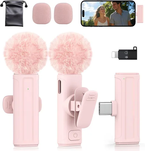 Miniatura 10 de Mini micrófono inalámbrico para iPhone, iPad, Android, paquete de 2 micrófonos Lavalier con clip giratorio de 360°, micrófono USB-C con reducción