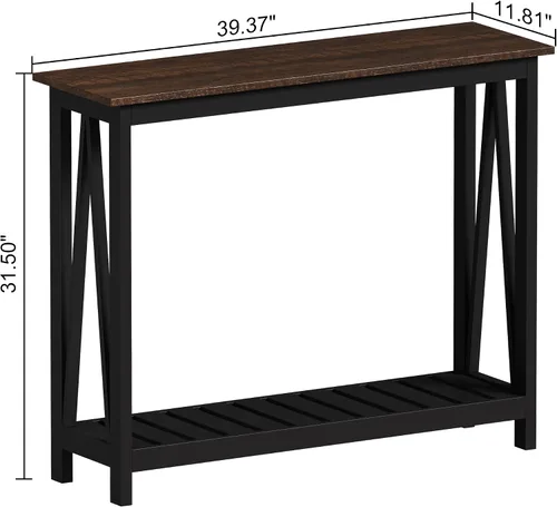 Miniatura 2 de ChooChoo Mesa de Consola para Entrada, Mesas de Sofá para Sala de Estar Estilo Granja, Mesa Estrecha para Pasillo y Vestíbulo con Estante, Negro