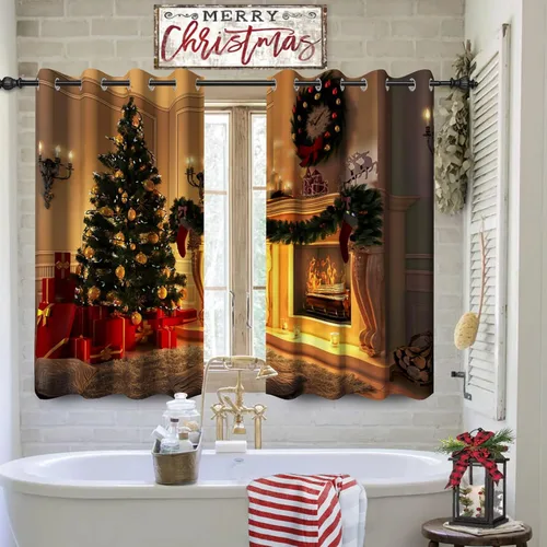 Miniatura 10 de Cortinas con adornos de Navidad impresos, cortinas para ventana de chimenea, calcetines de Navidad, árboles de Navidad, regalos, paneles opacos