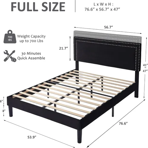 Miniatura 2 de Marco de cama de plataforma tamaño completo con cabecera tapizada ajustable, base de colchón moderna, soporte fuerte de listones de madera,