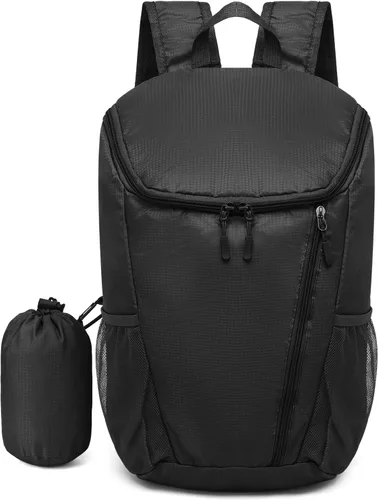 Mochila de senderismo, 20 L, plegable, para hombres y mujeres, nailon con correas ajustables, ligera, impermeable, para acampar al aire libre, Negro