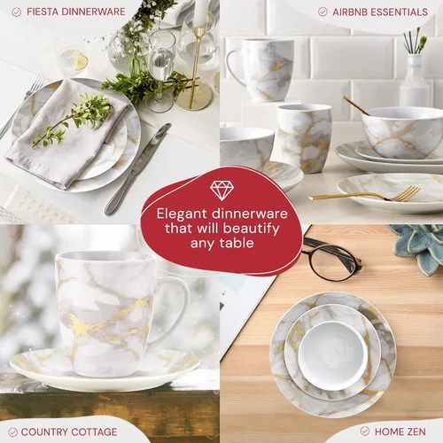 Miniatura 3 de Safdie & Co - Juego de vajilla de cerámica de porcelana de 16 piezas, diseño ligero, apilable, en acabado mármol dorado/gris dorado (Gold Marble)