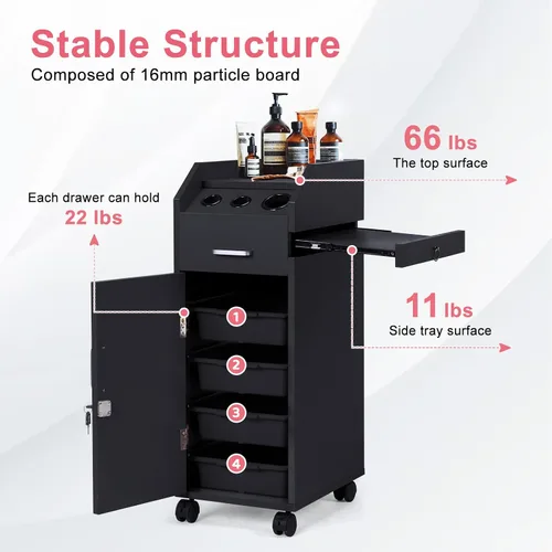 Miniatura 7 de Winado Carrito de almacenamiento de peluquería con ruedas y 3 soportes para secador de pelo, 4 cajones y cerradura y 2 llaves, estación de Negro