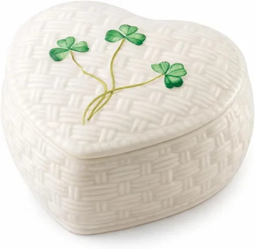 Belleek Classic Kylemore - Caja de baratijas de 4.4 pulgadas, almacenamiento decorativo de porcelana Parian hecha a mano, decoración de trébol