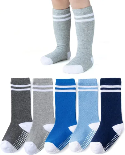 EPEIUS Calcetines altos hasta la rodilla con agarre antideslizante, calcetines de tubo para niños y niñas, paquete de 5 unidades