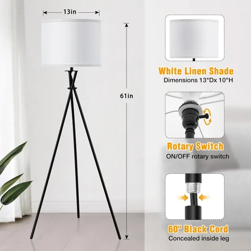 Miniatura 2 de Lámpara de pie para sala de estar, 61 pulgadas, moderna lámpara de pie trípode con pantalla blanca e interruptor giratorio, lámpara de pie negra
