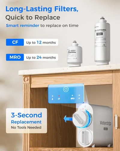 Miniatura 6 de Sistema de ósmosis inversa Waterdrop G2P600, sistema de filtro de agua RO sin tanque de 600 GPD, sistema RO debajo del fregadero, sistema