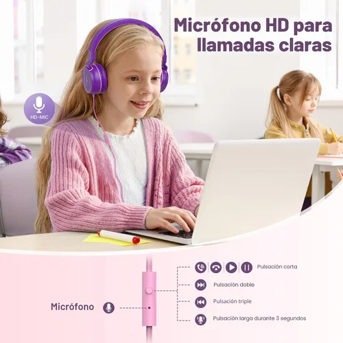 Miniatura 3 de Auriculares para niños, auriculares con cable para niños en la oreja con micrófono, limitador de volumen de 93 dB para niñas y niños, auriculares