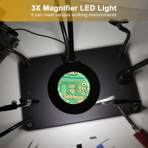 Miniatura 4 de Helping Hands - Soporte magnético para placa de circuito de soldadura, herramientas de tercera mano con lámpara de aumento LED 3X, soporte