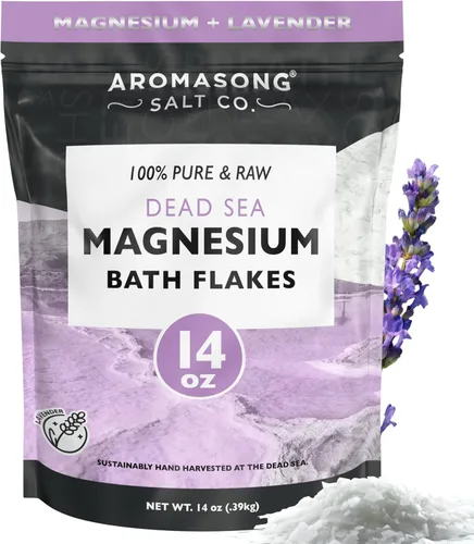 Aromasong Copos de baño de magnesio RAW con lavanda 100% natural, 14 onzas. Sales orgánicas relajantes musculares Mg cloruro, sal mineral remojada.