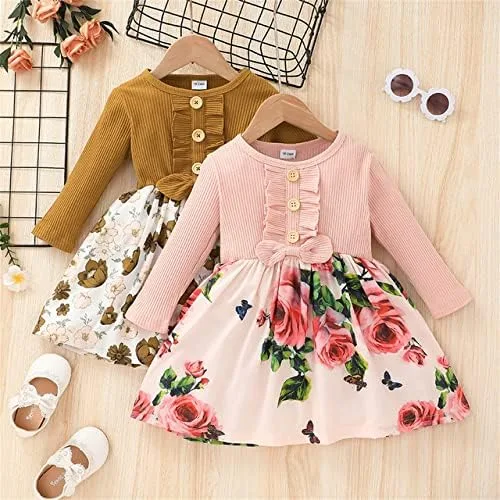 Miniatura 7 de PATPAT - Vestido de manga larga con estampado de flora para niña pequeña, otoño e invierno