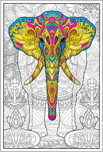 Young N Refined Póster gigante para colorear con diseño de elefante con flores y collages de mandalas, versión plegada (24x36)