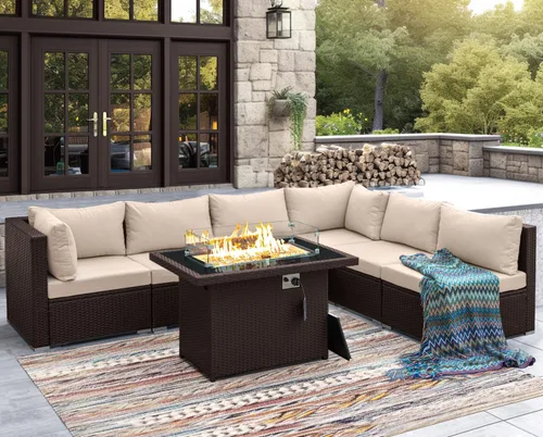 Miniatura 2 de NICESOUL Juego de muebles de patio para exteriores de 7 piezas con mesa para hoguera, gas natural y propano convertible, respaldo alto de 29.3