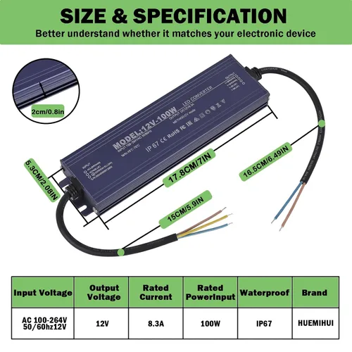 Miniatura 3 de Controlador LED de 12 V, IP67, impermeable, 12 V, 8,3 A, 100 W, transformador de fuente de alimentación de 100 ~ 264 V CA a 12 voltios CC, salida