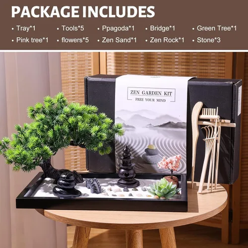 Miniatura 3 de Kit de jardín zen para decoración de escritorio - Juego de caja de arena mini japonés premium y hermoso para el hogar, oficina con bandeja de madera