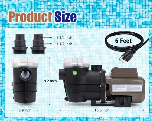 Miniatura 5 de CIPU Bomba de piscina con temporizador de 2700 GPH 115 V, potente autocebante sobre el suelo, 0.35 HP con cesta de filtro de bajo ruido