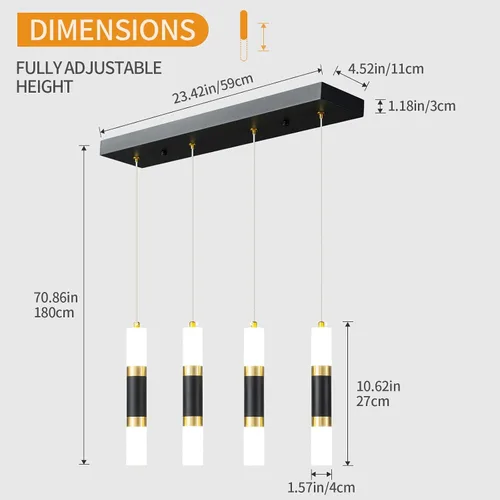 Miniatura 6 de Lámpara colgante moderna de 4 luces para isla de cocina, regulable, LED, negro, mini luces colgantes, comedor, cocina, color negro y dorado