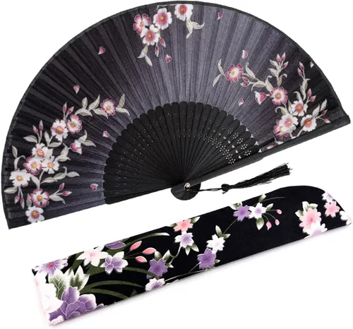 Miniatura 31 de Abanico plegable de seda y bambú, 8.27 pulgadas (21 cm), estilo retro, vintage, elegante y encantador, chino/japonés, regalo para mujeres y niñas