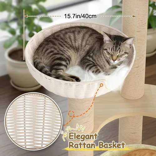 Miniatura 8 de Tinnmao Torre de árbol de madera maciza para gatos grandes, árbol de madera para gatos de 53 pulgadas con poste rascador cubierto de sisal natural