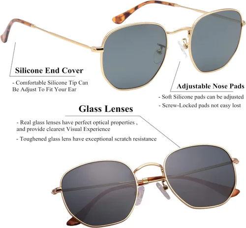 Miniatura 3 de Gafas de sol hexagonales con lente de vidrio retro para hombres y mujeres marco de metal cuadrado vintage con lentes planas 2126in tamaño grande