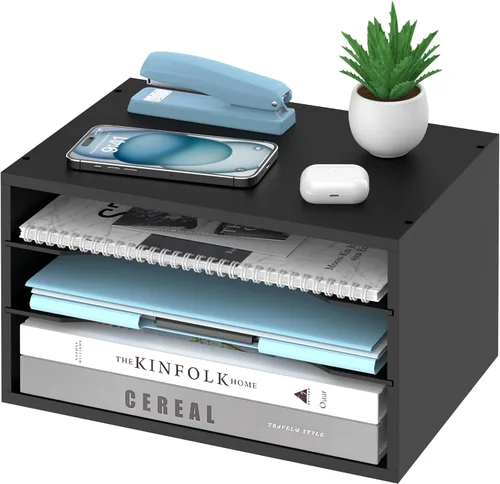 Miniatura 17 de Organizador de escritorio de madera de 5 niveles, organizador de bandeja de papel para escritorio con estantes de almacenamiento ajustables, Blanco