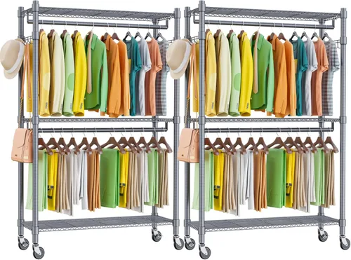 Homdox Armario de doble barra con 3 estantes de alambre, estante de ropa resistente con estantes de alambre ajustables y ganchos laterales, paquete