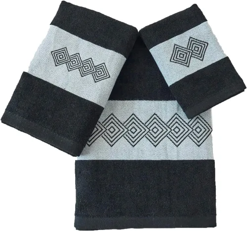 Miniatura 2 de Marina Decoration Juego de toallas de lujo premium ultra suave 100% algodón bordado para baño, moderno, 3 piezas, diseño cuadrado negro Cuadrado