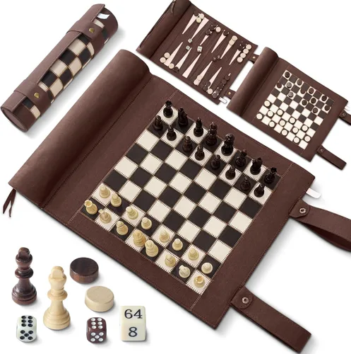 Miniatura 9 de Woodronic Juego de backgammon de ajedrez magnético, juego de ajedrez magnético 3 en 1 para adultos, juego de mesa de gamuza portátil enrollable