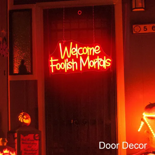 Miniatura 6 de Letrero de neón de Welcome Foolish Mortals, funciona con pilas, para fiesta de Halloween, puerta de casa embrujada, decoración de Halloween