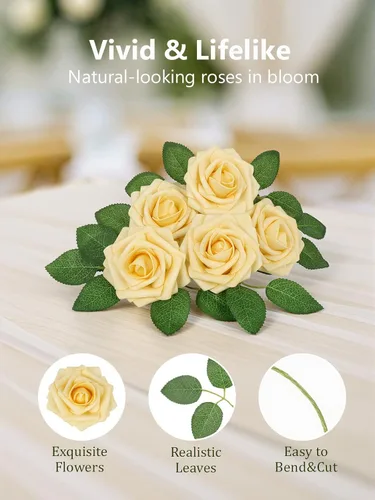 Miniatura 378 de N&T NIETING Flores artificiales, rosas artificiales de color rosa intenso, 50 piezas de flores falsas con tallo para ramos de boda DIY, centros