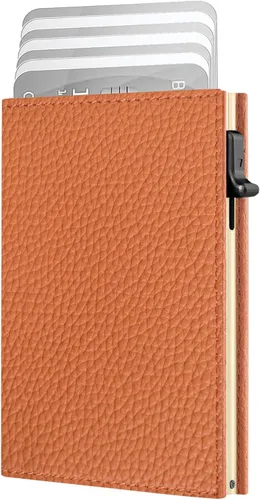 Miniatura 8 de Cartera para hombre – Cuero minimalista de triple pliegue, funda inteligente para tarjetas emergentes con bloqueo RFID, soporte delgado de metal