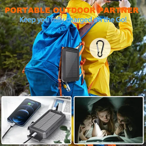 Miniatura 8 de Cargador solar de 20,000 mAh, banco de energía portátil, 4 cables para exteriores, impermeable, cargador de teléfono externo de respaldo con USB-C