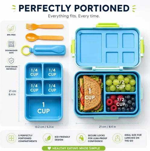 Miniatura 2 de ovve Lonchera Bento para niños y cubiertos – Lonchera para niños a prueba de fugas, insertos intercambiables, sin BPA, recipientes aptos para Azul